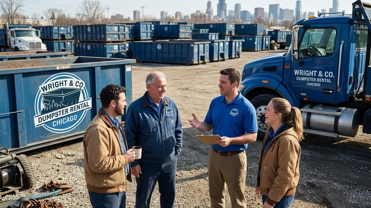 Wright & Co Dumpster Rental Chicago roll-off truck delivering in Chicago, IL